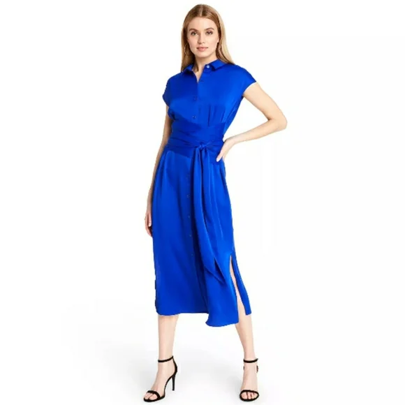 CUSHNIE ROYAL BLUE WRAP MIDI SHIRT DRESS - Picture 2 of 7